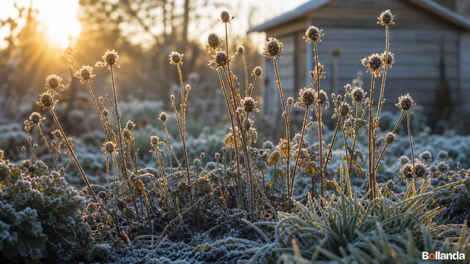 Berijpte tuinborder met dahliastengels in laag ochtendlicht na een koude winternacht